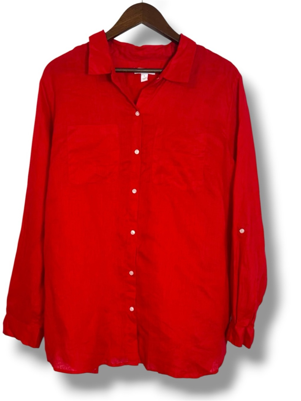 Charter Club Red Longline Button Front Linen Shirt Roll Tab Sleeve XL